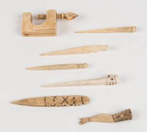 Group of whalebone bodkins, implements & whales tooth clamp. 19th Century. (7 items)