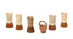 Group of 5 whalebone & timber vase ornaments & a carved miniature bucket, Anglo-Indian, 19th Century. Tallest 8cm. (6 items)