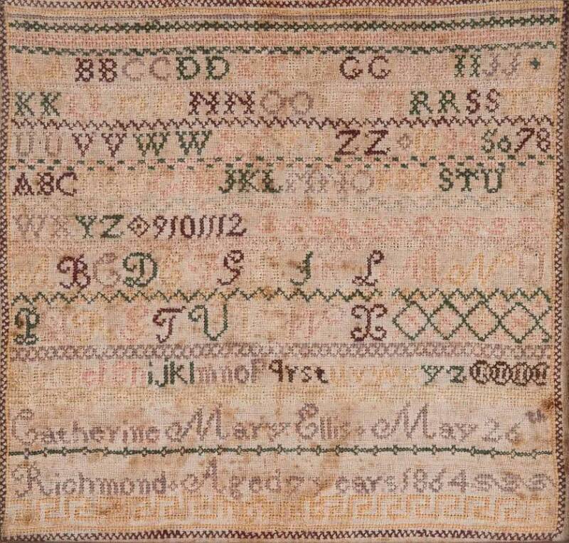 Sampler by "Catherine Mary Ellis, Richmond, Aged 7 years May 26th 1864". 30 x 29.5cm