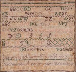 Sampler by "Catherine Mary Ellis, Richmond, Aged 7 years May 26th 1864". 30 x 29.5cm