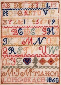 A Victorian needlework sampler by MJ McMahon, Long Beach 186026 x 19cmAttributed to Mary Jane McMahon, the daughter of James McMahon, an Irishman who arrived in Port Phillip in 1841. McMahon established a 1,000acre squatting track that covered the coastal