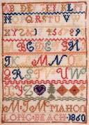 A Victorian needlework sampler by MJ McMahon, Long Beach 186026 x 19cmAttributed to Mary Jane McMahon, the daughter of James McMahon, an Irishman who arrived in Port Phillip in 1841. McMahon established a 1,000acre squatting track that covered the coastal