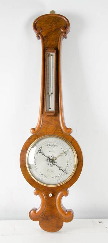 English mahogany banjo barometer by "P. Corti, Exeter". Corti of 5 Market Street, Exeter is listed as a manufacturer of barometers in 1850. Fully restored. 92cm.