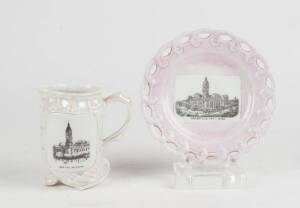 A rare lustre jug and plate commemorating Melbourne Town Hall, early 20th century, manufactured Czechoslovakia.