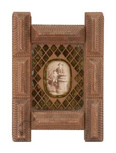 Tramp art picture frame with cabinet portrait photograph, carved red pine & velvet, late 19th century. 34 x 47cm