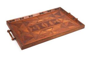 Australian inlaid timber serving tray, blackwood, cedar, huon pine, silky oak, King Billy pine, red pine & Tasmanian oak, circa 1900. 61cm x 36cm