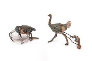 Cold painted Austrian king fisher bowl & spelter ostrich cart, early 20th Century. tallest 12cm
