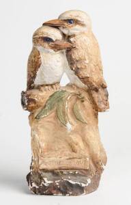 Kookaburra figure group titled "A Story of Love", painted plaster early 20th century, 37cm. 