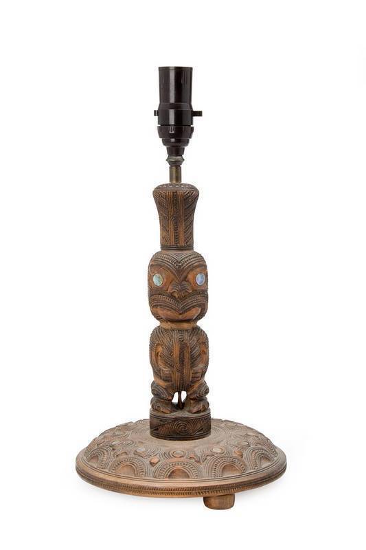 TIKI table lamp base, New Zealand, carved wood & paua shell, early 20th Century. 43cm