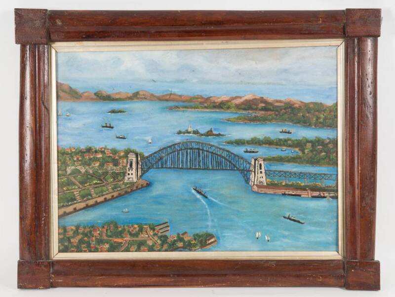 An embroidered and painted naive picture celebrating the opening of the Sydney Harbour Bridge circa 1934 framed in Australian hardwood., 