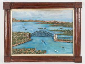 An embroidered and painted naive picture celebrating the opening of the Sydney Harbour Bridge circa 1934 framed in Australian hardwood., 