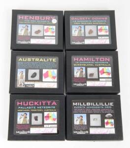 AUSTRALIAN METEORITES: Collection of meteorites in presentation boxes, with examples from Hamilton, Millbillillie, Huckitta, Dalgetty Downs, Henbury; plus an Australite.