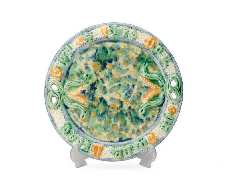 Cornwell Pottery bread plate decorated in drip gazed pastel colourings, Brunswick Australia,  circa 1890. 29cm diameter. Reference: The Potteries of Brunswick by Gregory Hill page 28