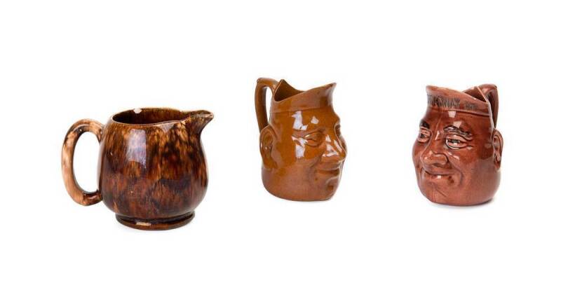 Bendigo Pottery advertising face jug "Broadway Shoe Store" plus Bendigo face jug and brown glazed jug. (3 items), tallest 14cm 
