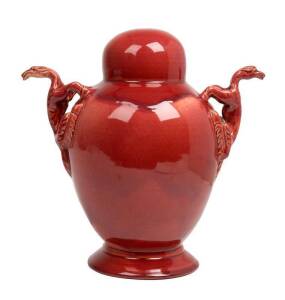 KLYTIE PATE Pottery lamp base with applied dragon handles, glazed in burgundy. 24cm