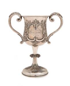 "1863 BALLARAT & LEARMOUTH REGATTA", A Victorian silver 2 handled trophy cup by John Tongue, Birmingham circa 1863. Engraved "Amateur Pair Oared Race won by F.Collin & W.Camper, Leander Rowing Club, Nov 30th 1863". 20.5cm