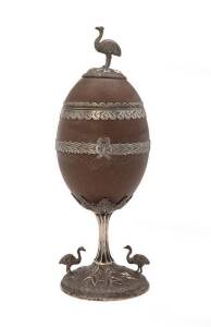 Victorian sterling silver mounted emu egg & cover with 3 cast emus by Hyam Hyams of London, circa 1871. 26cm