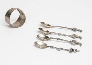 Australiana tea spoons (4) & napkin ring. (5 items)