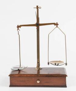 Set of gold scales on timber single drawer base. Mid 19th Century, 37cm. Provenance: Private collection Ballarat.