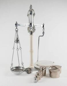 Grocers scales by Hunt & Co. London, white porcelain column and nickel plated body & weights, circa 1850s. 82cm. Provenance private collection Bendigo.