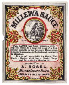 Album of Ballarat & goldfields advertising lithographed labels. Noted " "Eberhard & Co Lime Juice Cordial. Clunes", "Tait's Hotel", "J.K.BLOGG & Co". (33 items). Inspection will reward.