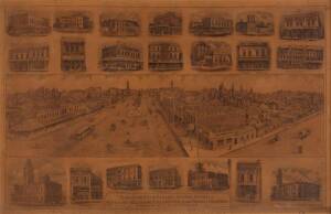 Lithograph panorama with architectural portraits titled "View of the City of Ballarat. Victoria. Australia". Printed & Published by Rider & Mercer, Steam Printers, Lithographers Engravers & Co Lydiard St Ballarat. 19th Century. Rare image. 96 x 62cm