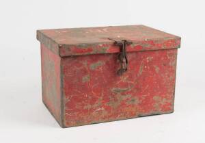 Dynamite box, red painted zinc, 19th Century. 20cm high 31cm wide, 21cm deep