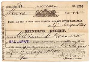 MINER'S RIGHT: 2/6 Miner's Rights from Ballarat (6), dated 1898-1906, for William Barnard (2) or Flora Barnard (4). Good condition.