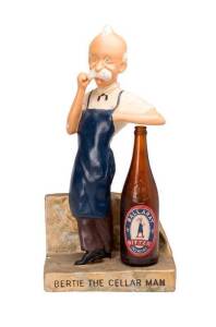 Ballarat bitters, "Bertie the Cellar Man" point of sale advertising statue, painted plaster, 20th Century. Provence: Private collection, Ballarat. Height 56cm. Plus associated postcard & collection of Ballarat beer labels in mint condition. 95+ beer label