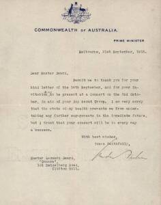 ANDREW FISHER (1862-1928, 5th Prime Minister of Australia, three times from 1908 to 1915), display comprising signature on 1915 letter on "Commonwealth of Australia, Prime Minister" letterhead, interesting contents re Boy Scouts, with original cover (stam