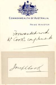 SIR JOSEPH COOK (1860-1947, 6th Prime Minister of Australia), nice signature on piece, affixed to "Commonwealth of Australia, Prime Minister" notepaper with message "Forwarded with Mr.Cook's compliments". 