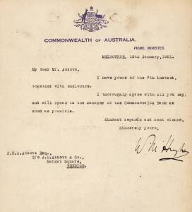 WILLIAM HUGHES (1862-1952, 7th Prime Minister of Australia), bold signature on "Commonwealth of Australia, Prime Minister" letterhead dated 12th Jan.1921.