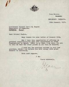 JOSEPH LYONS (1879-1939, 10th Prime Minister of Australia), nice signature on 18th Jan.1937 letter on "Prime Minister, Canberra" letterhead (Canberra crossed out, and "Devonport, Tasmania" typed in), appointing Lieutenant Colonel Cyril Hughes as Trade Com