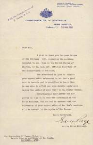 EARLE PAGE (1880-1961, 11th Prime Minister of Australia), signed letter dated 30th March 1937 on "Commonwealth of Australia, Prime Minister" letterhead.