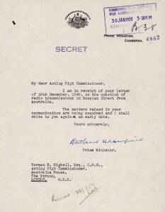 SIR ROBERT MENZIES (1894-1977, 12th Prime Minister of Australia), signature on 30th Jan.1950 letter on "Prime Minister, Canberra" letterhead, handstamped "SECRET", regarding radio transmissions in Russian direct from Australia.