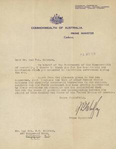 BEN CHIFLEY (1885-1951, 16th Prime Minister of Australia), bold signature on 1st Apr.1946 letter on "Commonwealth of Australia, Prime Minister, Canberra" letterhead, thanking a US couple for the hospitality they extended to Australian servicemen during th