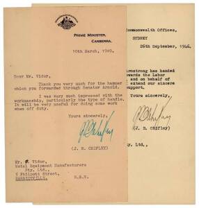 BEN CHIFLEY (1885-1951, 16th Prime Minister of Australia), bold signature on 10th Mar.1949 letter on "Commonwealth of Australia, Prime Minister, Canberra" letterhead; plus another signed letter dated 26 Sep.1946 (plain letterhead) with original envelope.