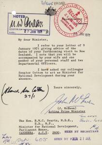 SIR JOHN McEWEN (1900-80, 18th Prime Minister of Australia), nice signature on 25th Jan.1971 letter (regarding forthcoming trip to New Zealand), on "Prime Minister, Canberra" letterhead.