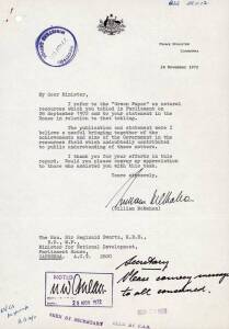 WILLIAM McMAHON (1908-88, Australia's 20th Prime Minister), signature on 24th Nov.1972 letter on "Prime Minister, Canberra" letterhead.