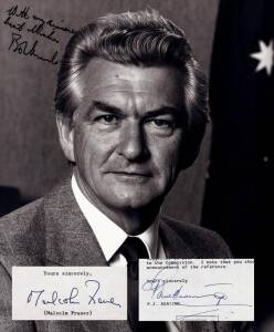 AUSTRALIAN PRIME MINISTERS: Malcolm Fraser on "Prime Minister" letterhead; Bob Hawke signed photograph; Paul Keating on "Treasurer" letterhead; John Howard on "Prime Minister" letterhead; Kevin Rudd on "Prime Minister" letterhead; Julia Gillard on page; T