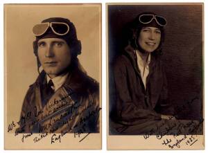 FAMOUS & INFAMOUS AVIATORS: Mrs Keith "Chubbie" Miller & Captain W.A. Lancaster, signed and inscribed photographs [Broothorn Studio, Melb.] following their arrival in Australia, having flown from England in the "Red Rose" Avro Avian III. They had crashed 