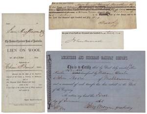 EPHEMERA, range with 1857-58 insurance documents (2) for railway carriages; 1860-61 share transfers (2) for Melbourne & Suburban Railway Co.; 1863-70 Liens on Wool; 1872 J.B.Were broker's note; 1882-87 Town of Brighton valuation notices (3) & rate receipt