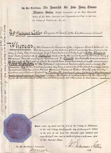 1868 Execution Warrant for John Hogan, gold miner convicted of murdering his partner; sentenced to hang at Castlemaine Gaol, his remains to be buried at the Gaol. Signed by Sir John Manners-Sutton, 5th Governor of Victoria. Plus Victorian Supreme Court Wr