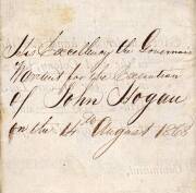 1868 Execution Warrant for John Hogan, gold miner convicted of murdering his partner; sentenced to hang at Castlemaine Gaol, his remains to be buried at the Gaol. Signed by Sir John Manners-Sutton, 5th Governor of Victoria. Plus Victorian Supreme Court Wr - 3