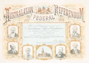 1899 Australasian Federal Referendum certificate, decorated with Parliament House and State Premiers, lithograph in colours, framed & glazed, overall 76x61cm.