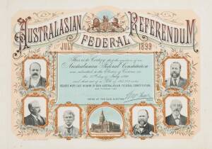 1899 Australasian Federal Referendum certificate, decorated with Parliament House and State Premiers, lithograph in colours, framed and glazed, overall 60x43cm.