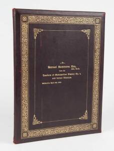 Illuminated retirement certificate, leather bound, "To Samuel Summons Esq, MA LLB, from the Teachers of Metropolitan District No.4, and former Districts. Melbourne, April 8th, 1908".