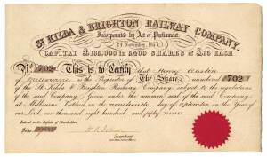 "St.Kilda & Brighton Railway Company", 8 share certificates to George Henry Hough (1) & Henry Austin (7) of Melbourne, dated 1859.