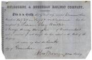 "The Melbourne & Suburban Railway Company", 11 share certificates to John Hastie of Melbourne, August 1860; plus certificate transferring these shares to George Henry Hough of Burrumbeet in Dec.1860. Very attractive and scarce. - 2