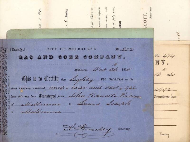 "City of Melbourne Gas and Coke Company", 1857-71 group with Transfer certificates (5); Call receipts (6) & Company notices (4).